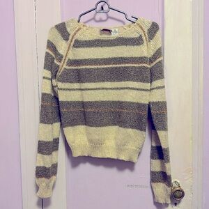 Vintage 80s Women’s Sweater Cream with Gold & Green Stripes Size L (Runs Small)